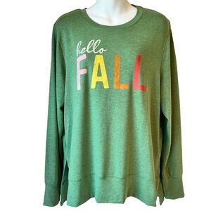 Hello Fall Green Long Sleeve T-Shirt Womens Large Knit Top Cozycore Loungewear